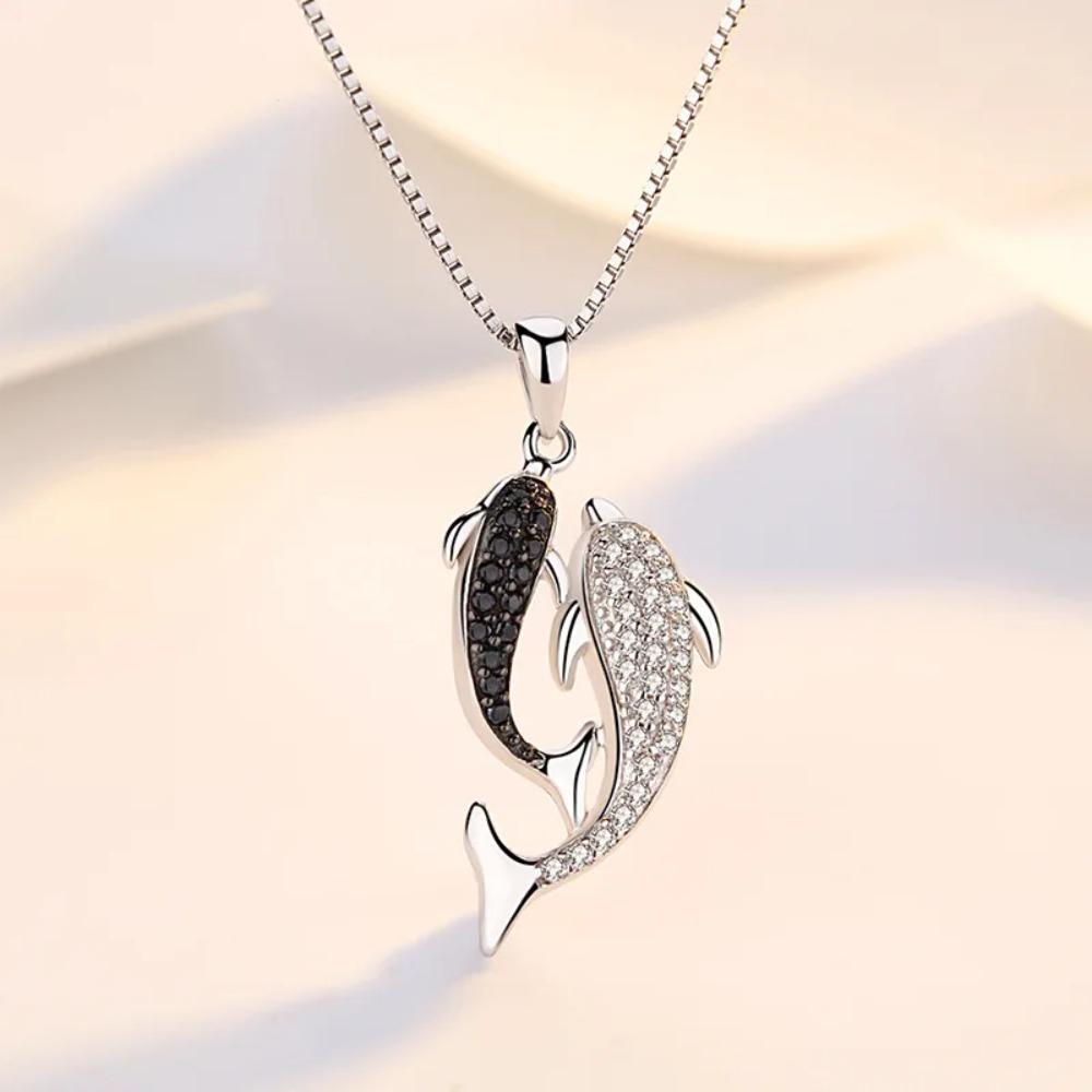 Real 925 Silver Jewelry Crystal Dolphin Box Chain Pendants&Necklaces for Women Solid -silver Choker Necklace