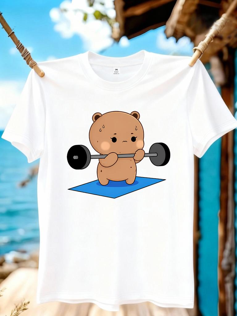 Wzm10972bear Print Plus Size Unisexs Round Neck Summer Casual Short Sleeved Street Fashion Versatile Tshirt