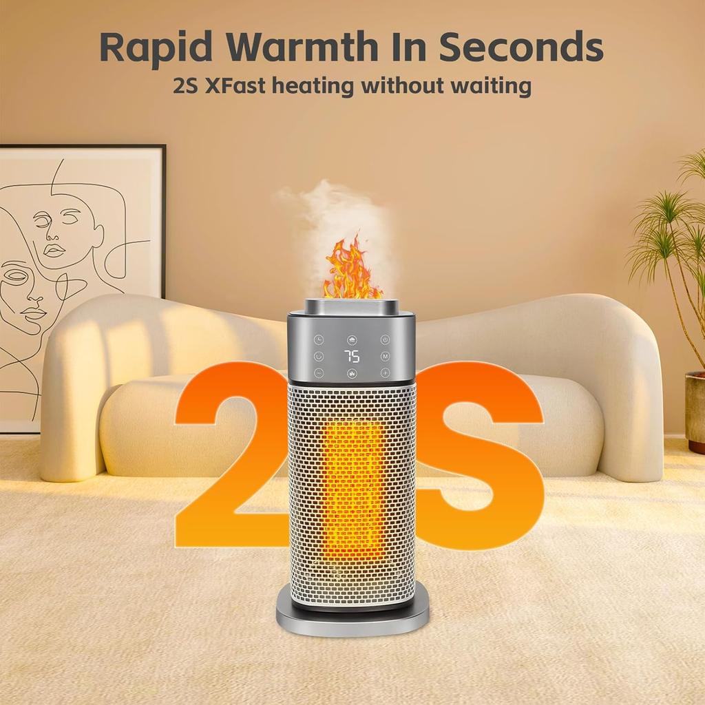 1500W Portable Space Heater for Indoor Use with Thermostat Humidifier, 70°Oscillation 12h Timer Overheat Tip-Over Protection for Bedroom Home Office