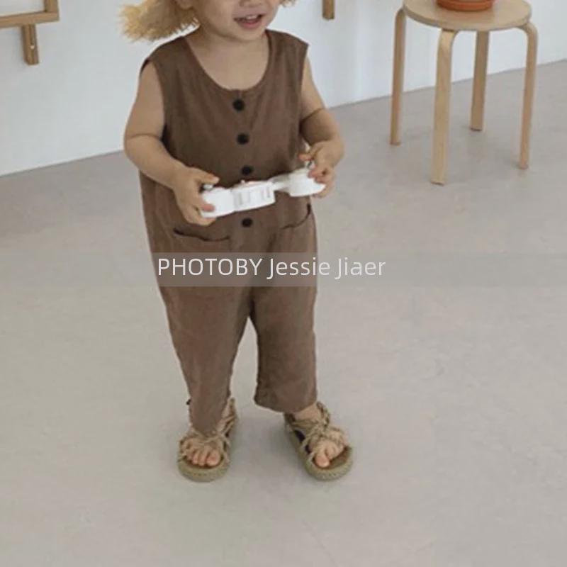Korean-Style Kids' Trendy Summer Button Jumpsuit Casual Pants