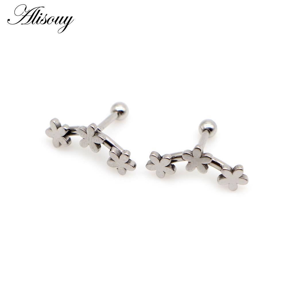 Alisouy 2pcs Fashion Three Flowers Stars Stainless Steel Men Women Ball Screw Ear Stud Earrings Unisex Piercing Jewelry Gift
