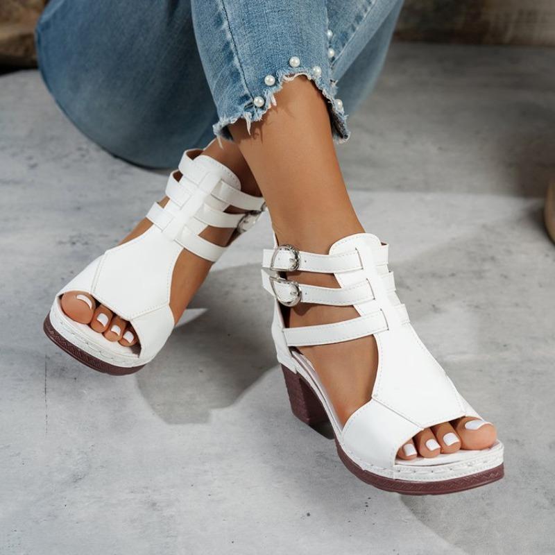 New Summer Mid-heel Sandals Large Size Thick Heel Rear Zipper Open-toed Sandals Women