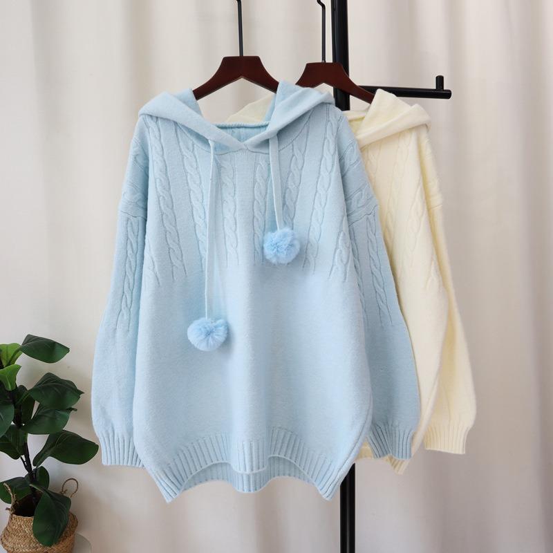 Hooded soft waxy knitted sweater top autumn and winter new loose milk fufu lazy wind sweater pullover woman