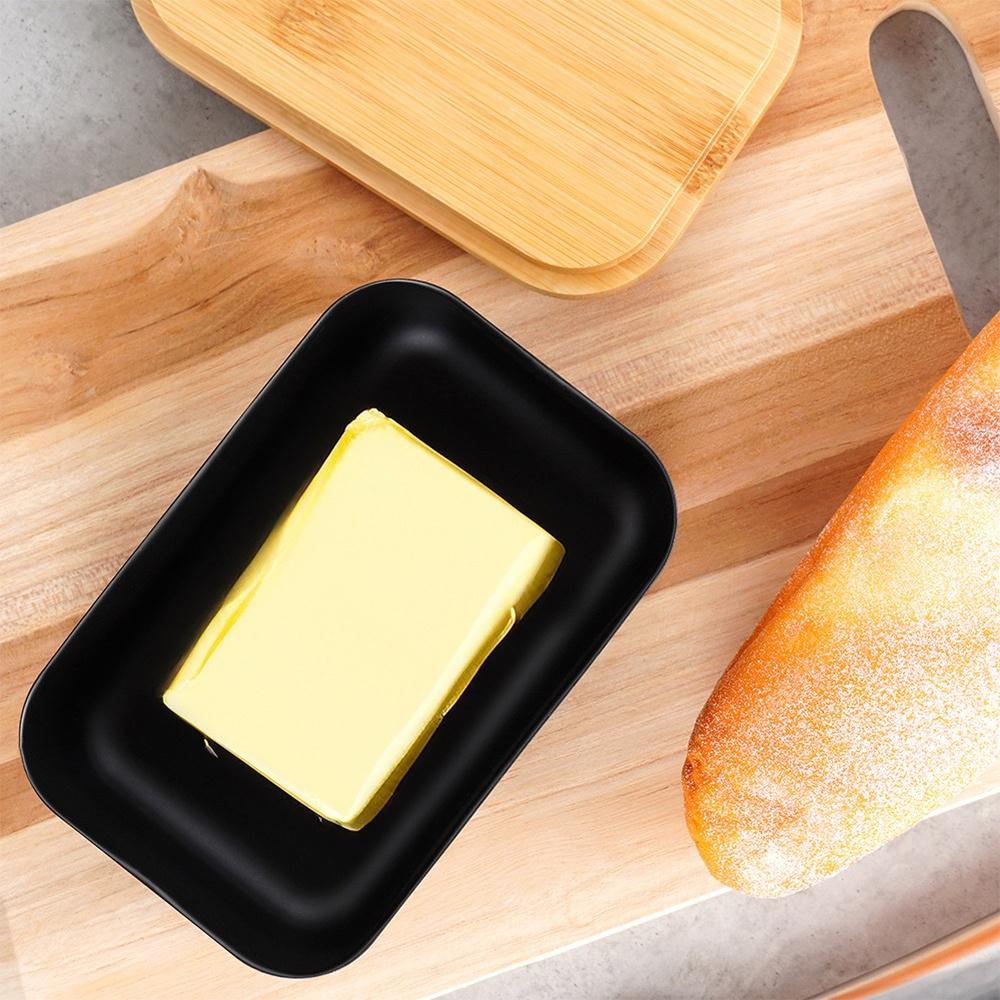 Black Steel Bamboo Butter Dish Kitchen Container for Butter