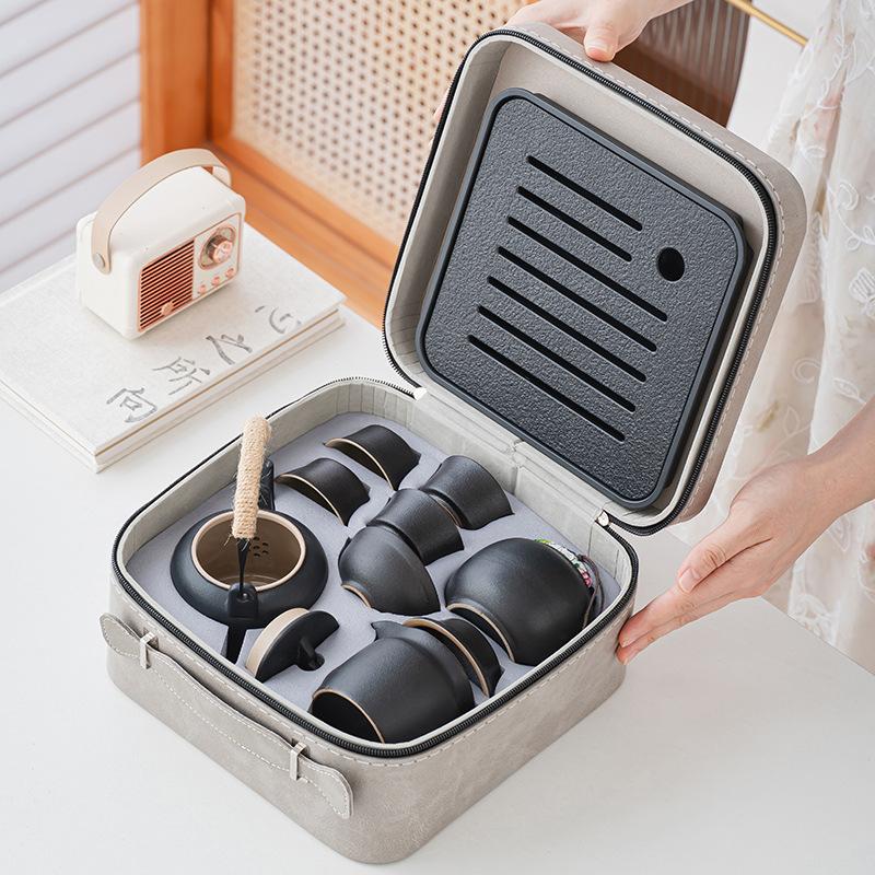 Shanhai Coarse Pottery Lifting Beam Pot, One Pot of Four Cups, Portable Tea Set for Outdoor Travel