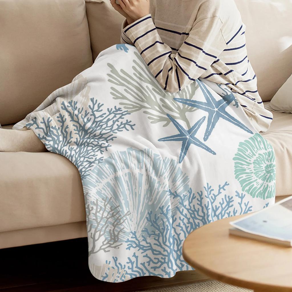 Blue Marine Coral Shells Starfish Throws Blankets for Sofa Bed Winter Soft Plush Warm Sofa Throw Blanket Holiday Gifts