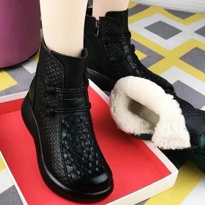 Damen Weiches Leder Runde Zehenstiefel  Lässig  Gummi Flache Kurze Stiefel Wintermode Warm Rutschfest Knöchelstiefel Schuhe