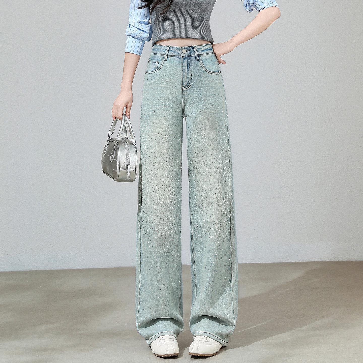 

Spring 2026 Women s Light Blue High Waist Rhinestone Jeans - Loose Fit with Slimming Drape & Versatile Leg Options 31 синий