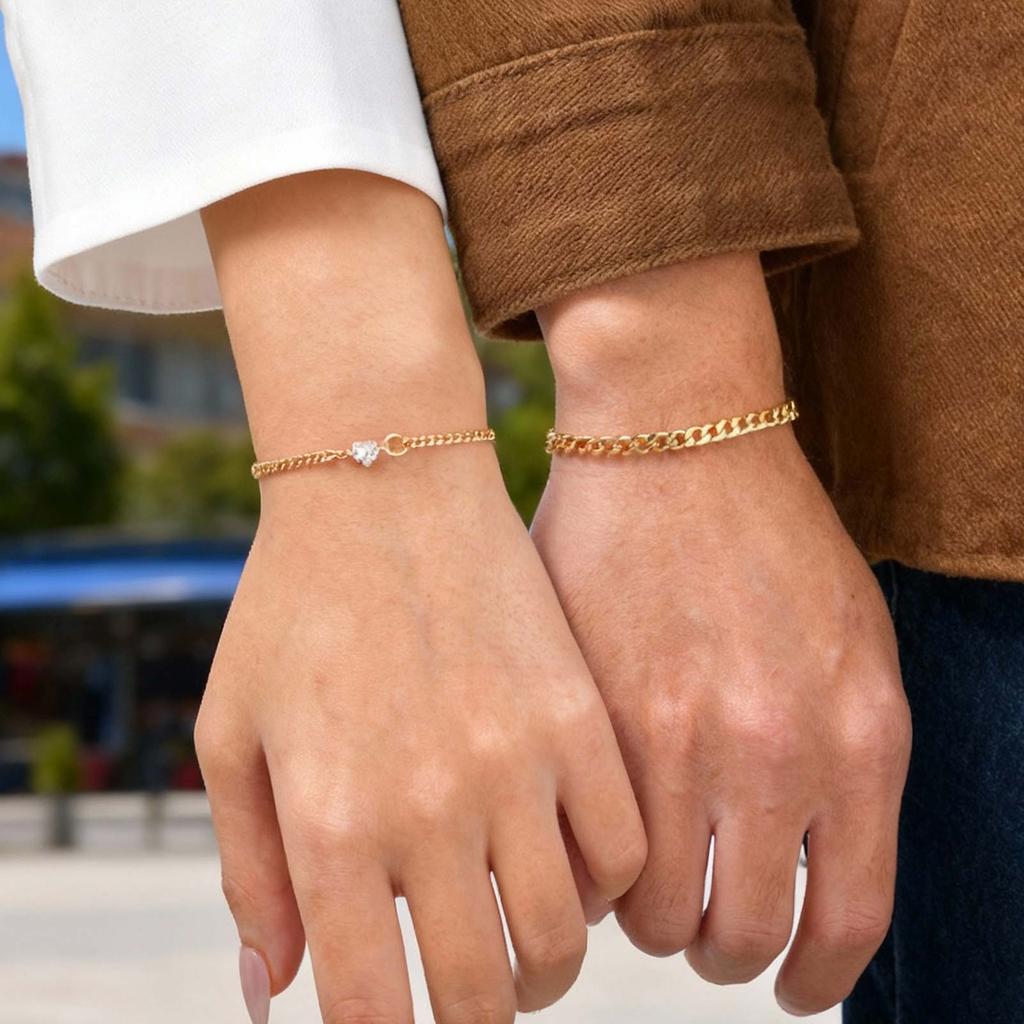 2pcs Fashion Heart Zircon Stainless Steel Bracelet for Women Men, Waterproof Simple Gold Color Jewelry Set for Couple Lover Gift