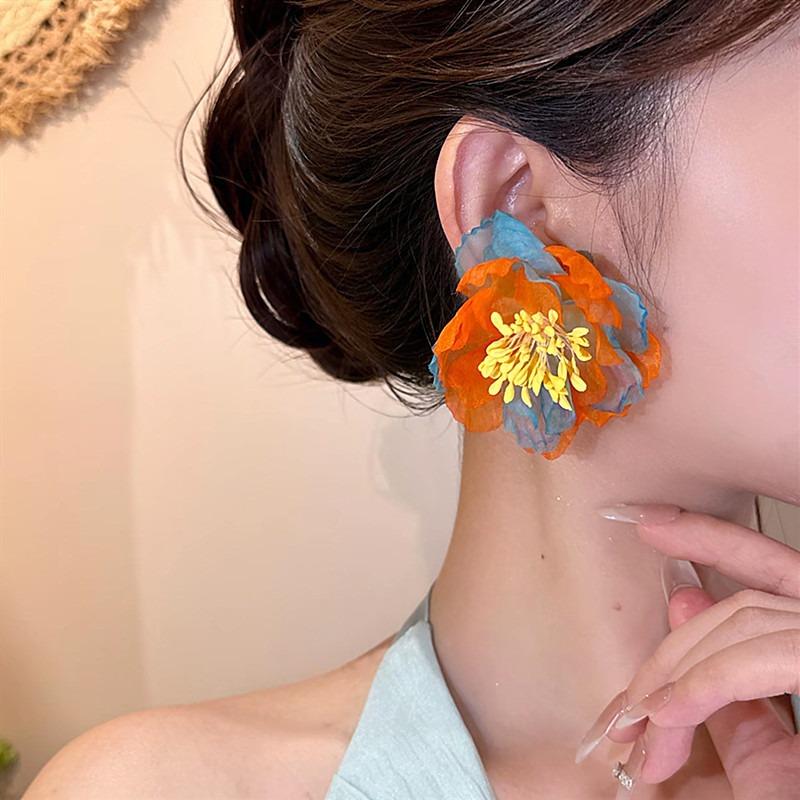 Ear Flower~ Silver Needle Chiffon Flower Stud Earrings, Island Exaggerated Personality Vacation Style Earrings, Niche Design Earrings