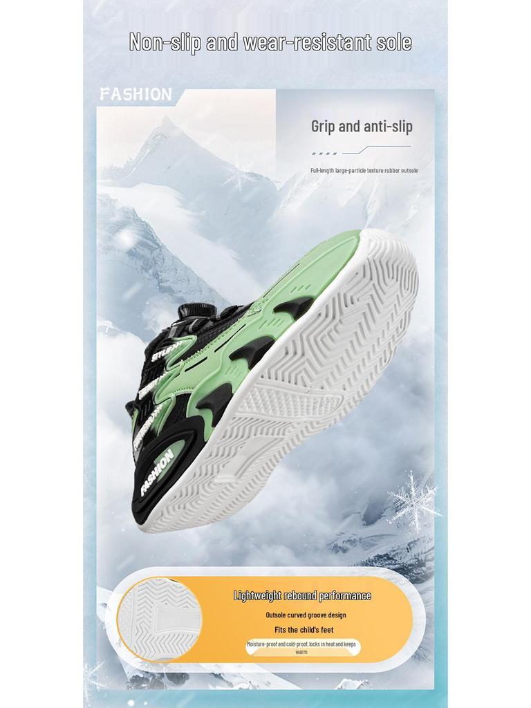 Boys' 2025 Autumn/Winter Sports Shoes with Rotating Button, Double-Layered Cotton, Plus Velvet Warmth for Medium and Large Children.