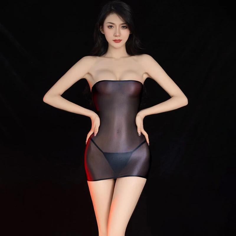 Sexy Oil Lesklý Shin Průhledné Micro Mini šaty Průhledné Bodycon Sexy přiléhavé tužka Roztomilé šaty Šaty s hladkým elastickým obvazem