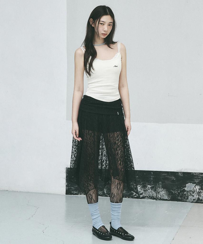 Nigaennikol Lace Shirring Flare Midi Skirt_Black