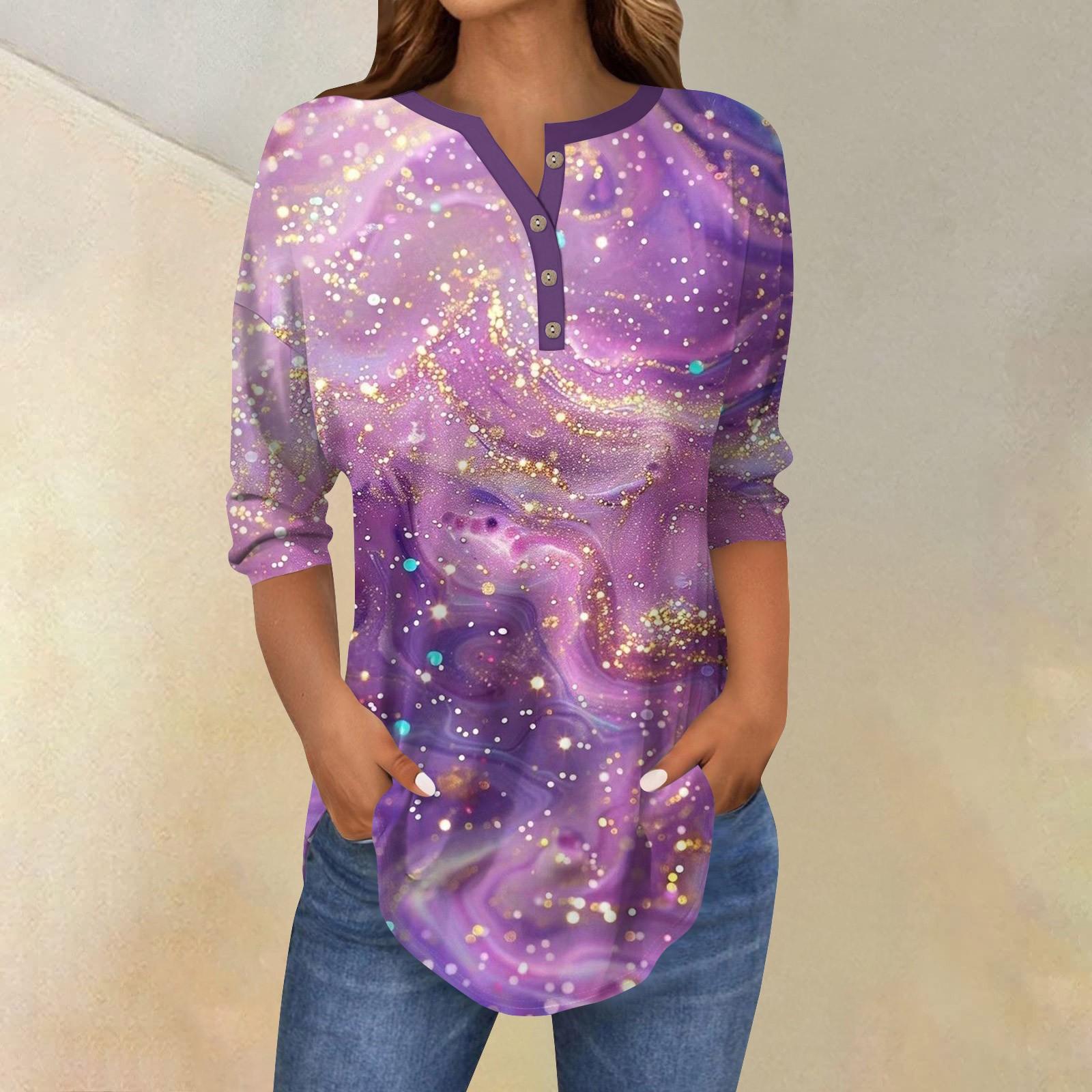 

Женский повседневный топ с рукавами 3/4 и принтом пайеток на пуговицах S