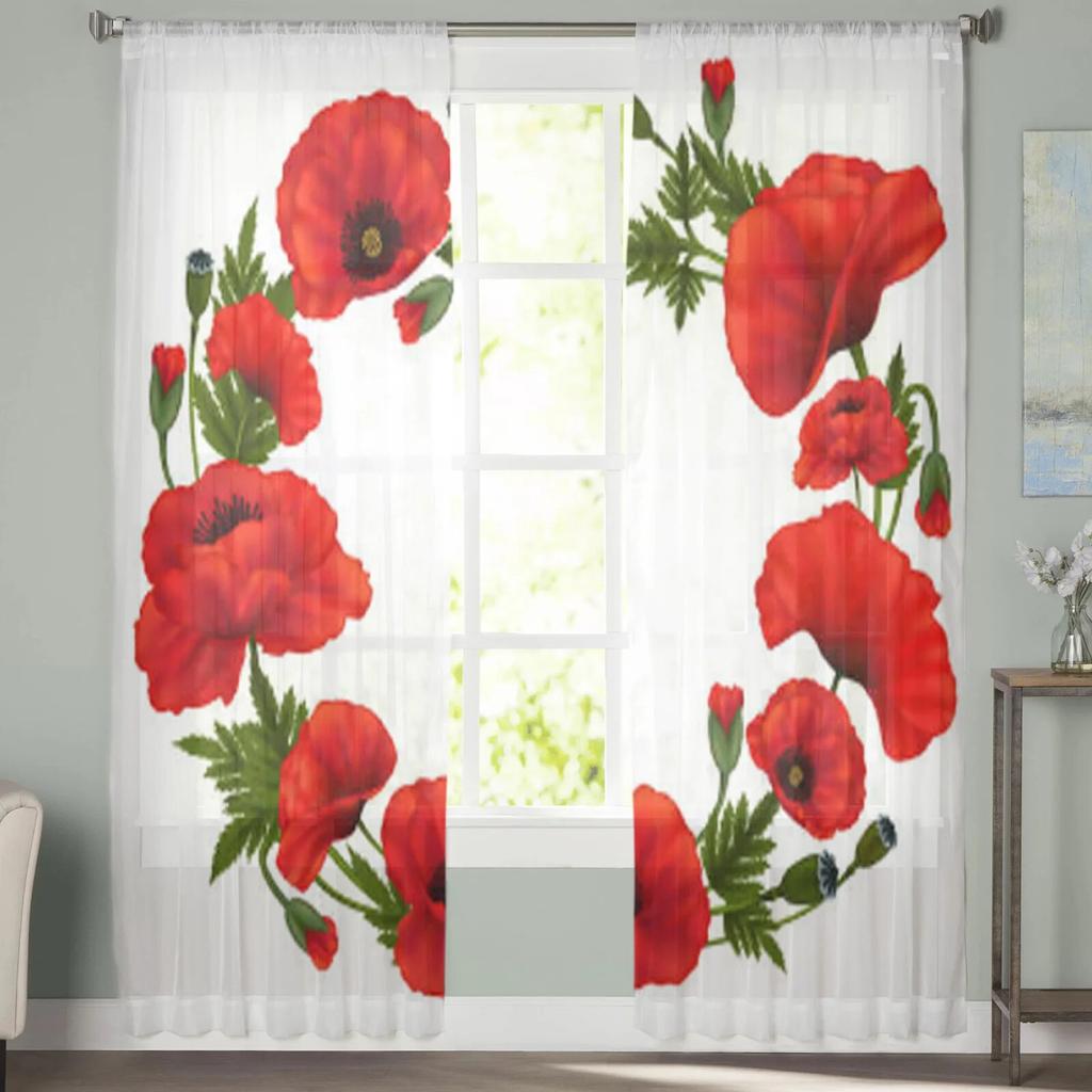 Poppy Flowers Sheer Curtains For Living Room Kids Bedroom Tulle Curtains Kitchen Window Treatment Drapes