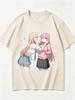 2026 New Unisex Crew Neck Casual Short Sleeve T-Shirt With Pinching Cheeks Two Anime Girls Heart Decor Cutout Anime Print