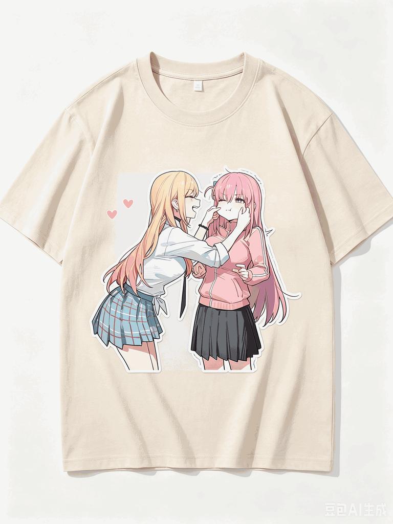 2026 New Unisex Crew Neck Casual Short Sleeve T-Shirt With Pinching Cheeks Two Anime Girls Heart Decor Cutout Anime Print