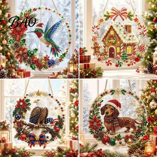 Acryl-Anhänger für den Weihnachtsbaum, Diamond Art Anhänger, 2D Perlenmalerei, Saisonale Heimfensterdekorationen, Muster-Sonnenfänger, Feiertag