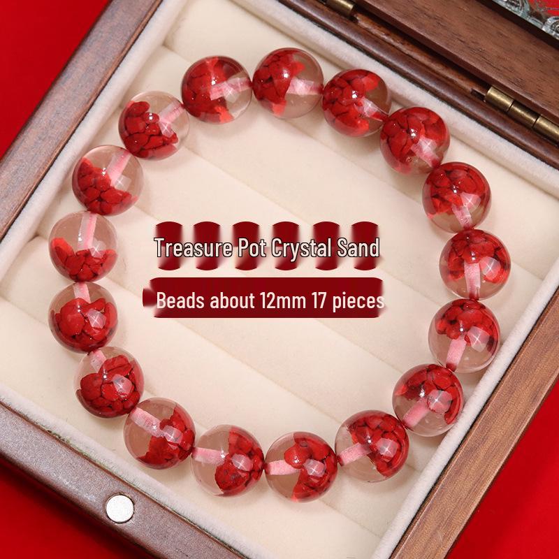 Lingxi Cinnabar & Mineral Crystal Bead Bracelet - Red Treasure Pot Design