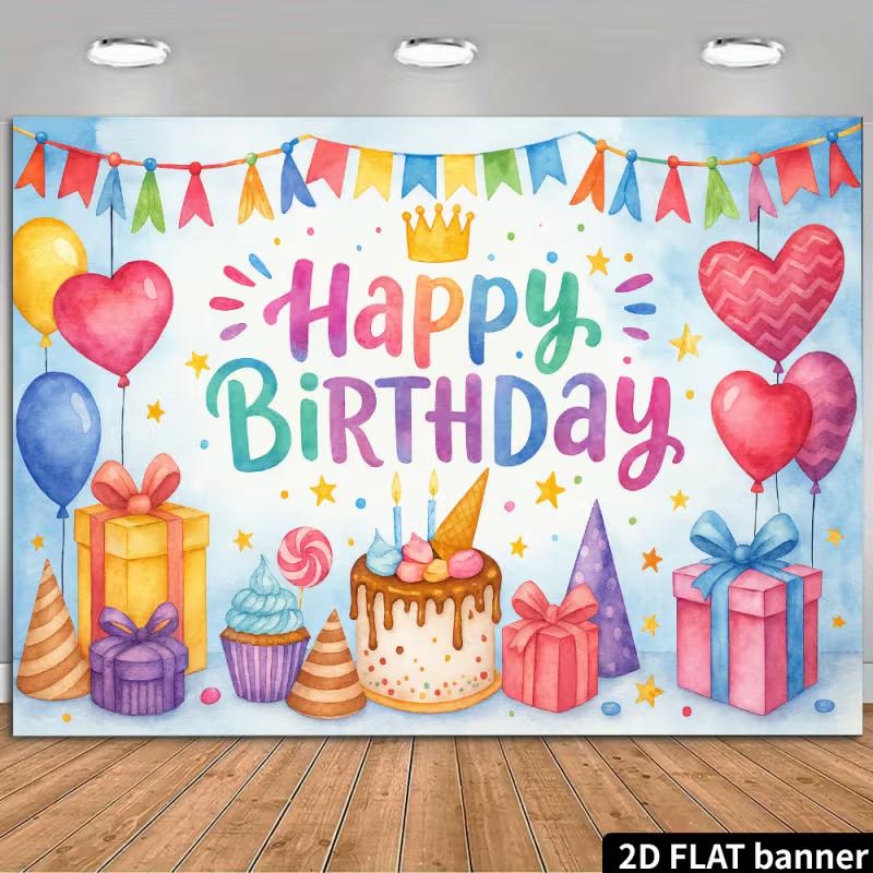 

2D Watercolor Happy Birthday Backdrop with Cupcake and Balloons Party Banner 47.2x31.5inch/120*80cm