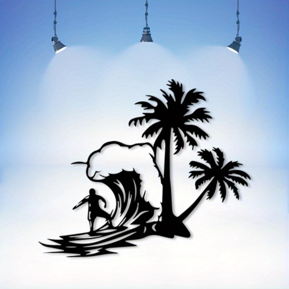 1 Stück Surfen Palme Metall Wandkunst Statue Wandbild für Tropisches Schlafzimmer Strand Terrasse Sommer Dekor Geschenk Küstenliebhaber Rostbeständig