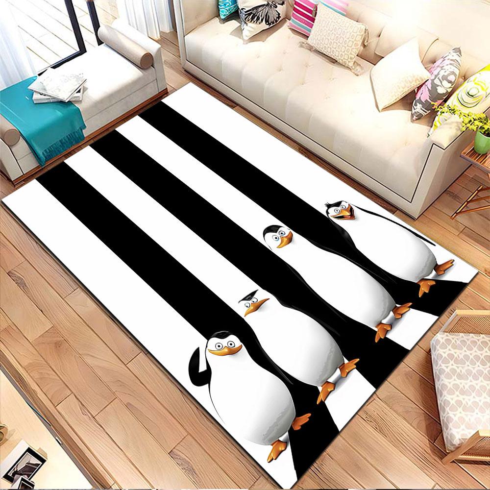 Penguins on Black and White Stripes Patterned carpet, non slip mat suitable for living room and bedroom sofas