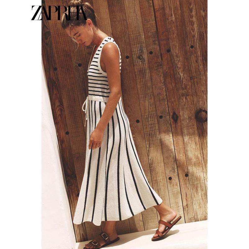 Zaprha 2025 Summer New Fashion Stripe Patchwork Cut Knitted V-neck Sleeveless Dress 8779633