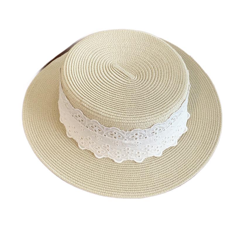 French Lace Woven Straw Hat Women's Summer New Seaside Beach Vacation Sunscreen Sunshade Flat Top Straw Hat