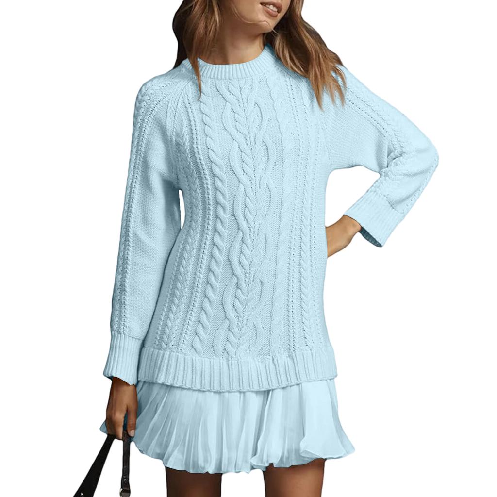Women's Solid Round Neck Dough Twists Knitting Chiffon Splicing Sweet Temperament Dress