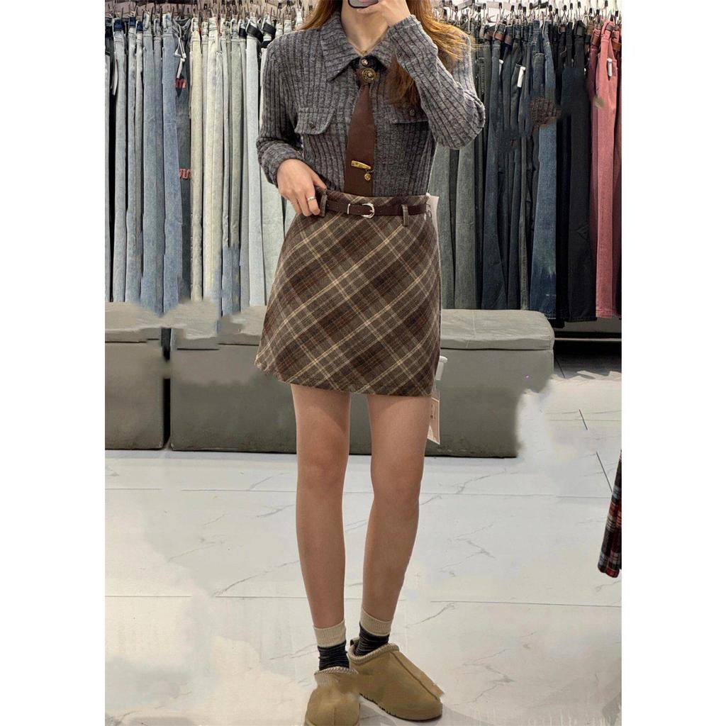 Slimming Plaid Woolen Skirt for Women - Elegant Korean Style, Knee-Length, Anti-Exposure