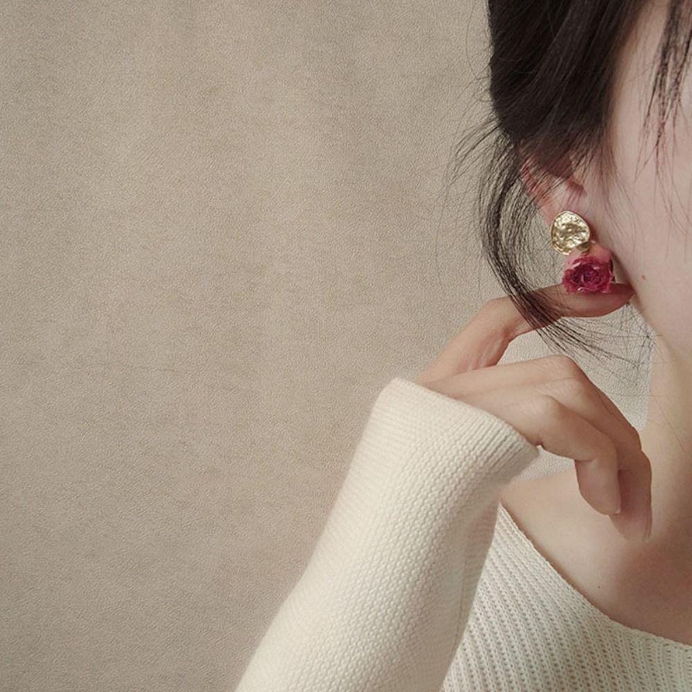 Elegant Rose Flower Ear Clip Korean Style Sweet Earrings Aesthetic Preserved Rose Earrings  Women