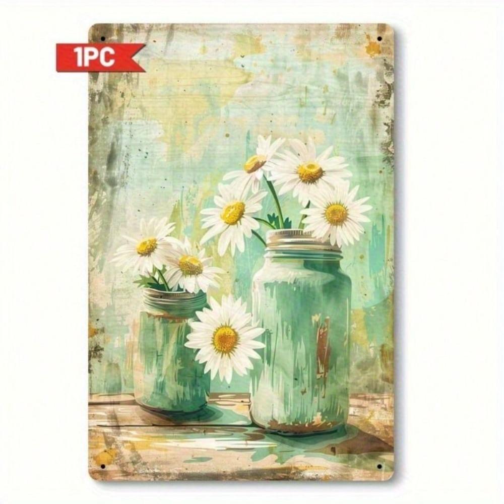 Tin Sign Daisy Flower in Glass Jar Wall Art Home Decor Metal Painting