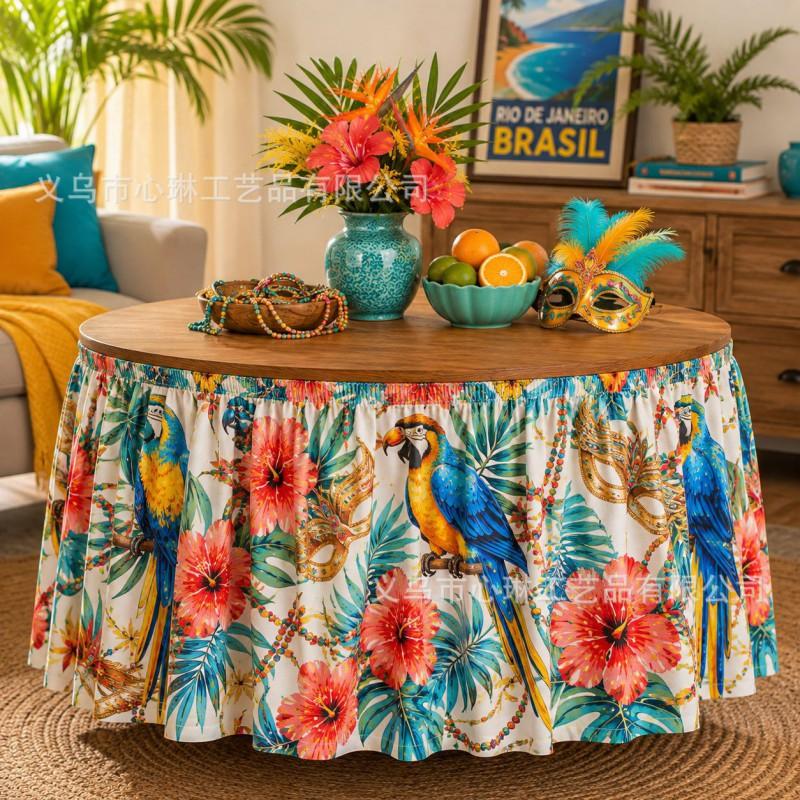 Tropical Plant Print Round Tablecloth Carnival Party Decor Festive Table Skirt In Geometric Abstract Design