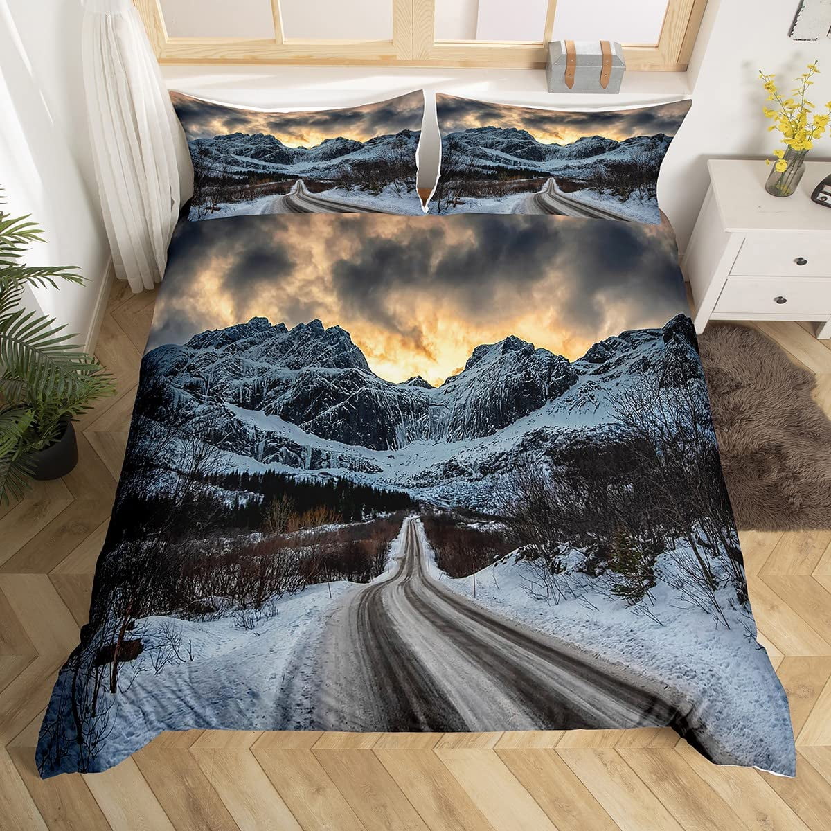 

Sunset Lpluscape Soft Duvet Cover Rom Decor, Winter Countryside Warm Comforter Cover Snow Mountain, Natural Scenery Bed Cover Quen Sized Dimensions 135*200cm Eu-Single