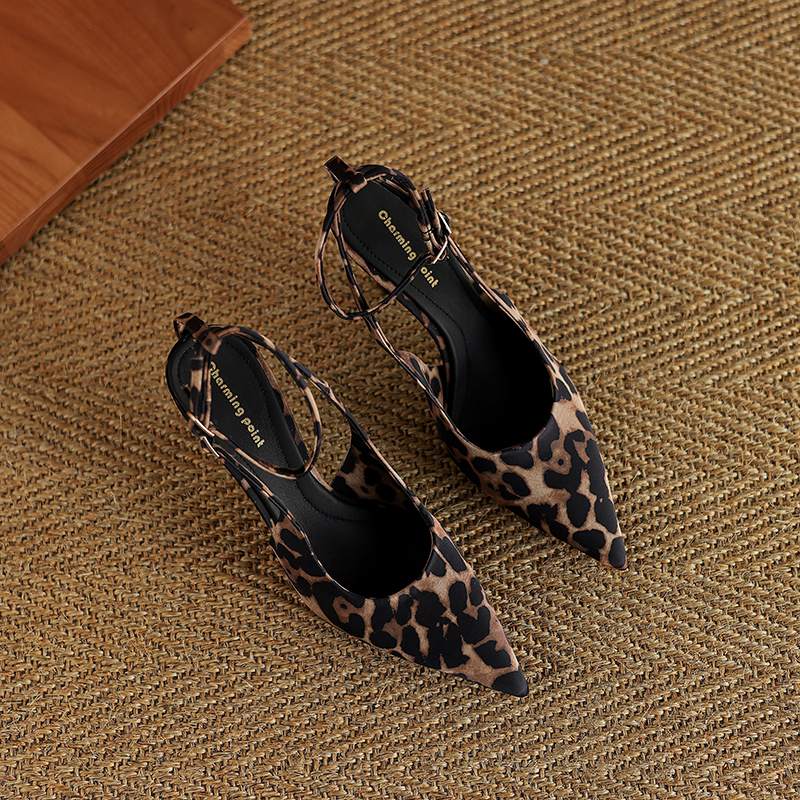 Krazing Pot Sheep Suede Summer Size 42 Leopard Decoration Slingback Thin High Heels Women Women Pointed Toe Pumps