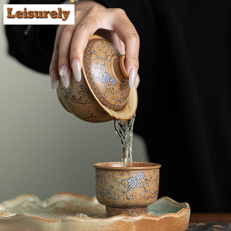 Blue And White Entwined Lotus Travel Tea Set Designer Dunhuang Frescoes Set Of Cups Portable Camping Ceramic Kung Fu Teaset Gift