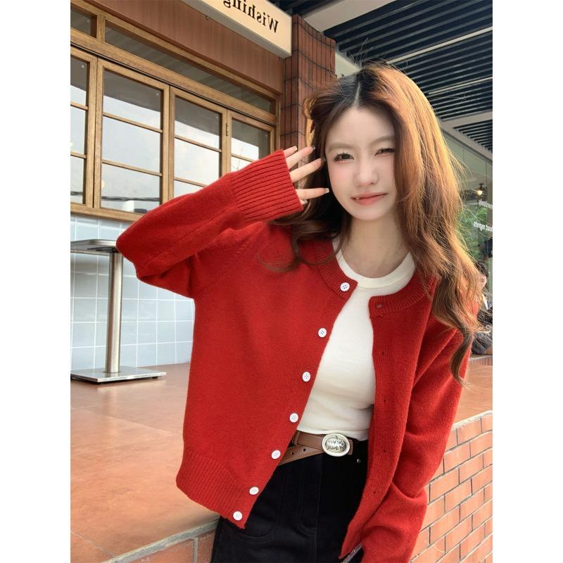 Red White Knitted Cardigan, Long-sleeved Top, Autumn and Winter New Loose Feeling, Sweater Jacket Inside, Women