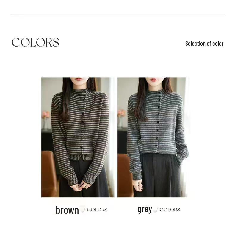Striped Color Block Stand Collar Knit Cardigan - Women's Irregular Diagonal Placket Wool Sweater for Autumn/Winter.