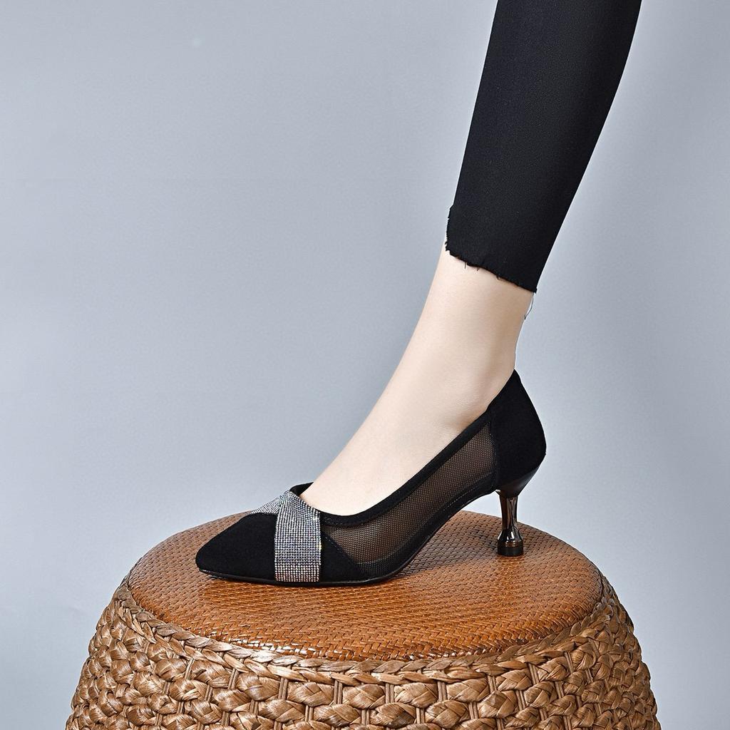 Pointed high heels women's 2024 spring simple temperament banquet shoes rhinestone mesh single shoes three height fashion shoes