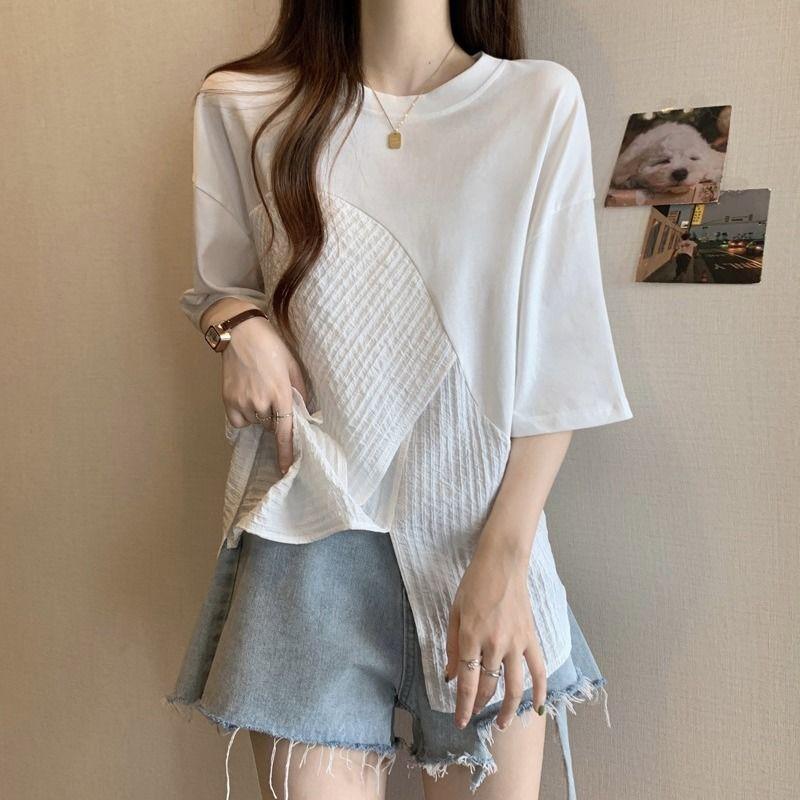

Women White Patchwork Split Front Irregular Short Sleeve T Shirt L белый