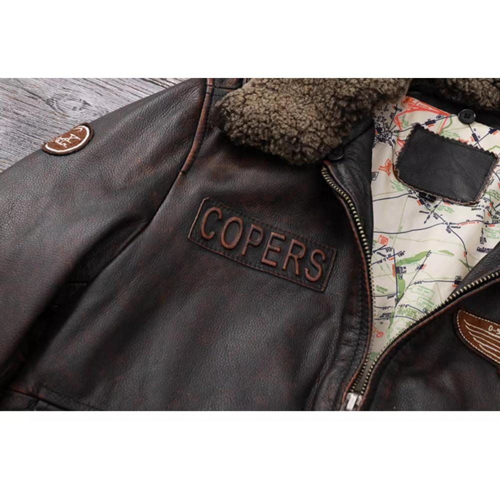 Dimensiune chinezească Vintage din piele de vacă autentică Jachetă din piele pentru bărbați Jachete de zbor bărbat haină de iarnă guler cald de blană naturală