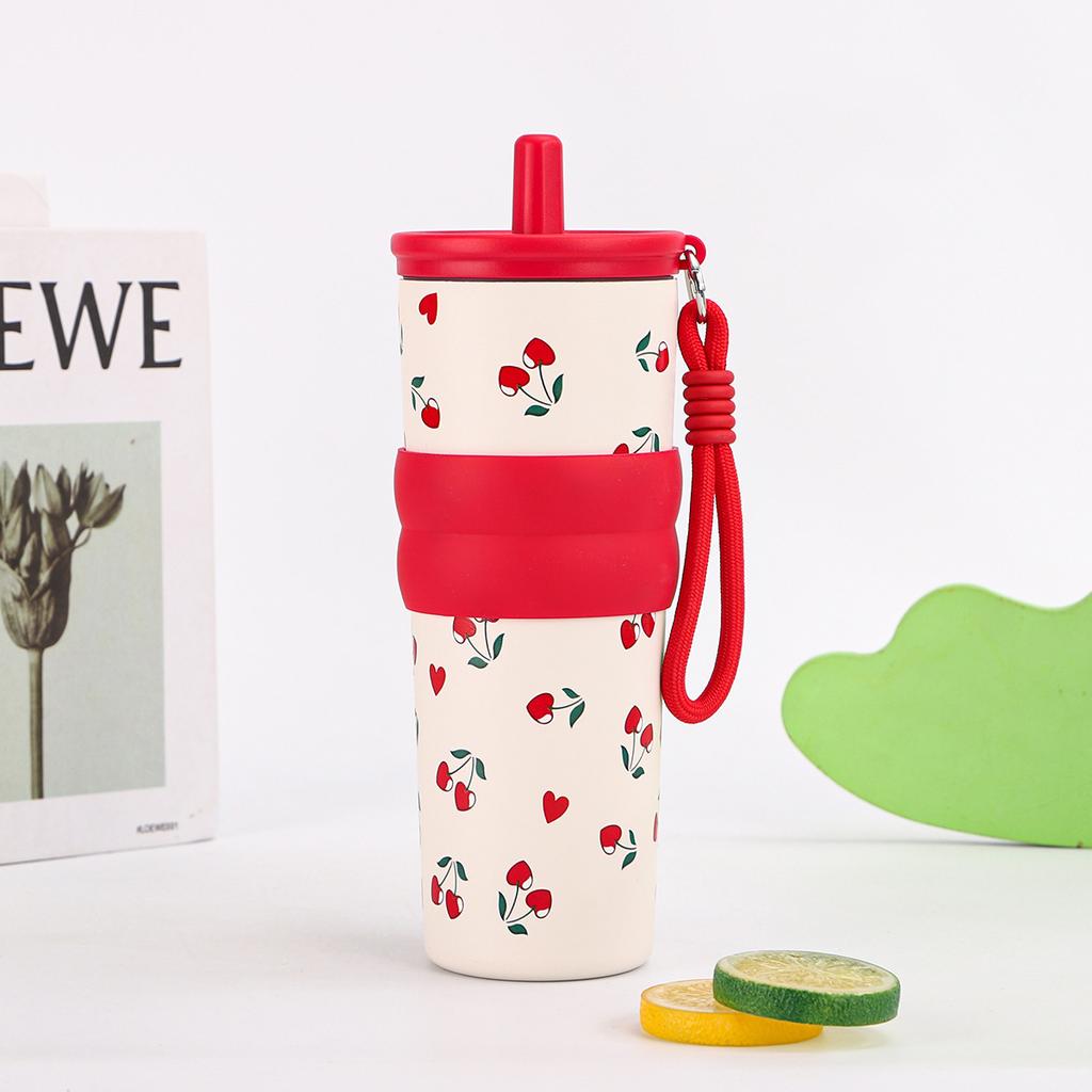 1pcs 500ml Stainless Steel Thermos Cup  Portable Cold-keeping Ice Cup, Outdoor Straw Cup with Lifting Rope Car Coffee Mug