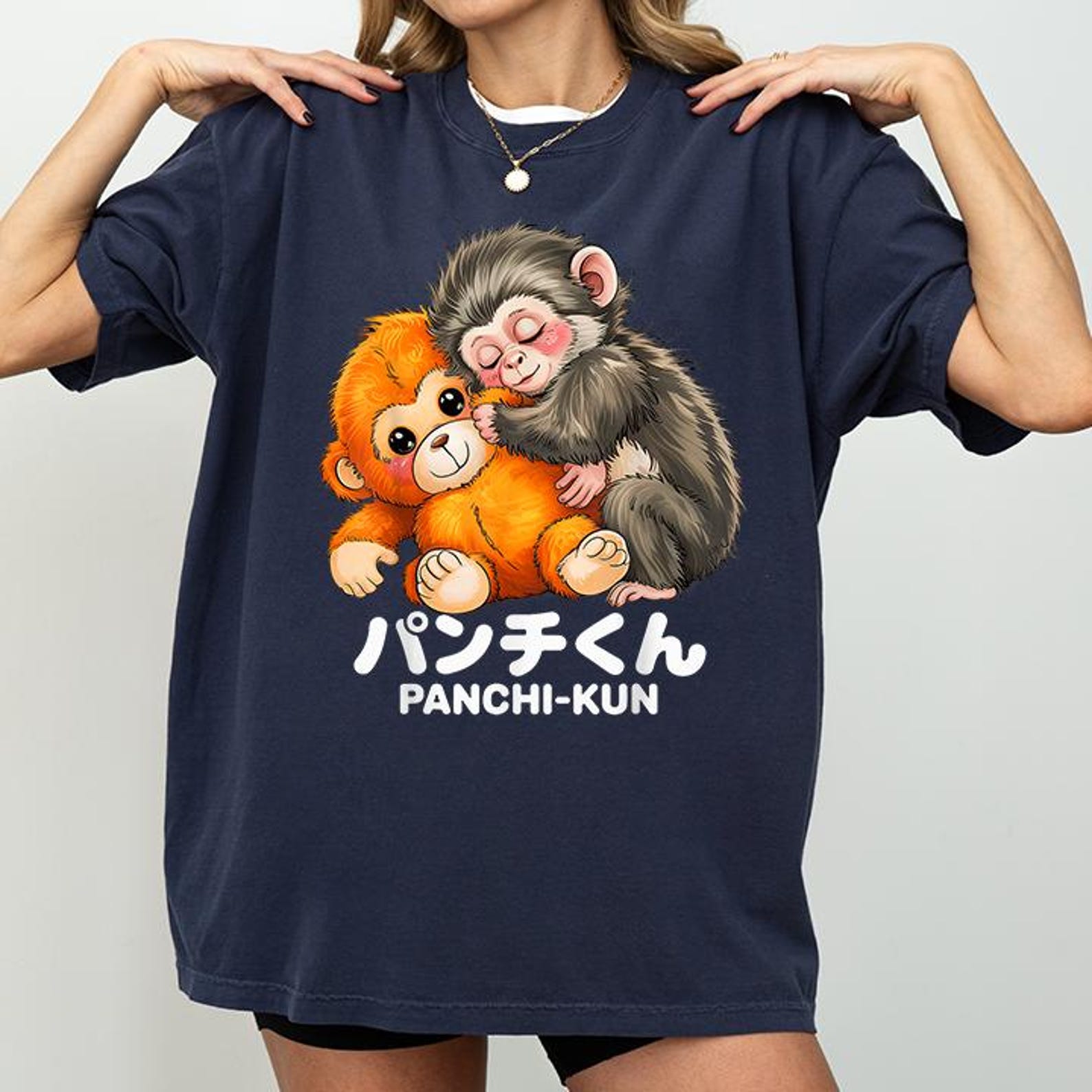 Panchi Kun Holding Plush Toy Baby Macaque Monkey Punch T-Shirt 4XL