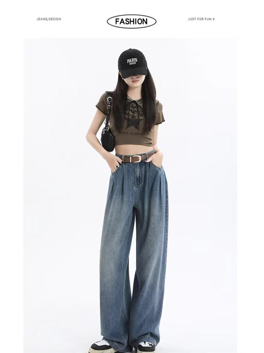 

Korean Style High Waist Wide Leg Jeans - Women s Retro Pleated Loose Straight-Leg Pants for Spring & Autumn 2XL: 155-165CM, 133-145 lbs