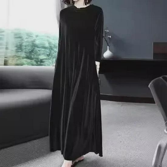 Women's Gold Velvet Knee-Length Long Dress - Autumn/Winter Collection
