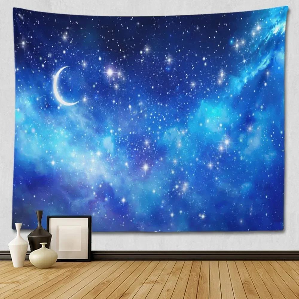 Suitable For Bedroom Wall Decoration Starry Sky Moon Tapestry Blue Starry Night Galaxy Universe Large Fabric Wall Hanging