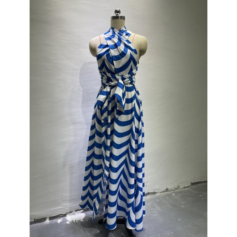 Women's Summer Sweet Stripe Hanging Neck High Waist Split Mid-Length Dresses
