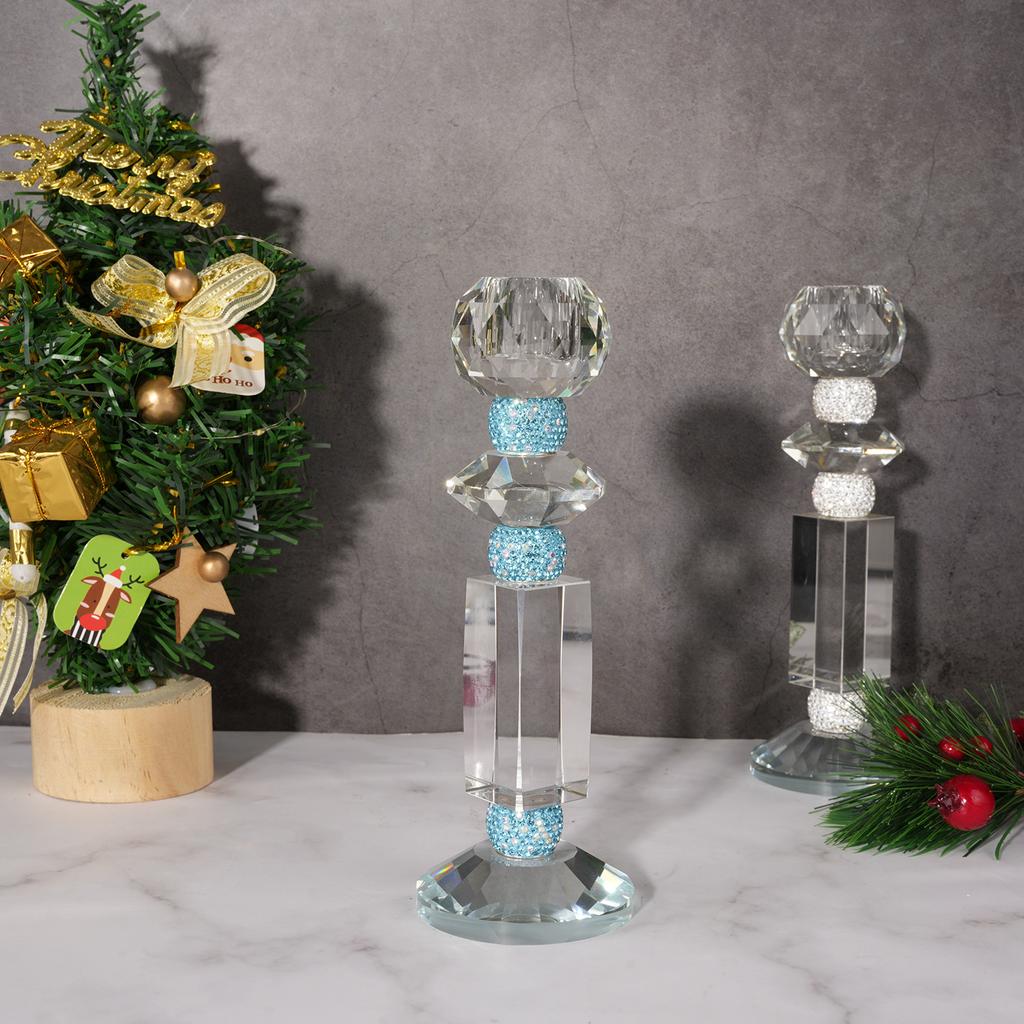 Crystal Glass Candle Holder Blue Diamond Candelabrum Transparent Candlestick Wedding Home Decoration Accessories