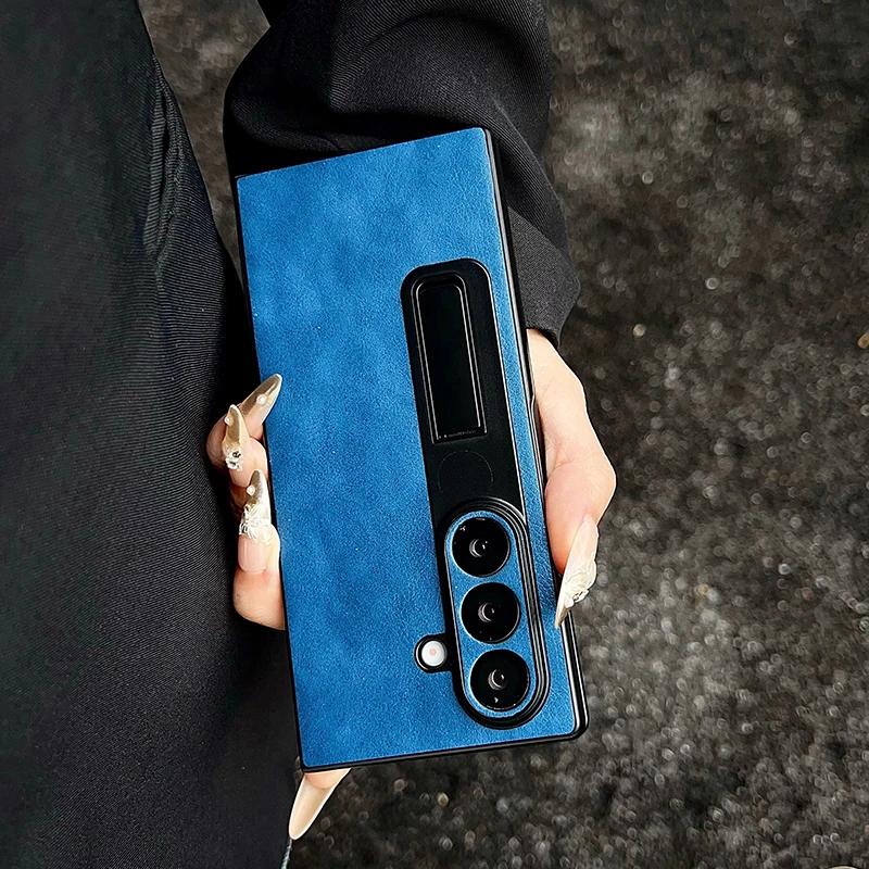 Business Stand Leather Phone Case for Samsung Galaxy Z Fold 7 6 5 4 3 Crazy Horse Pattern Bracket Hard Mobile Shockproof Protect Cover
