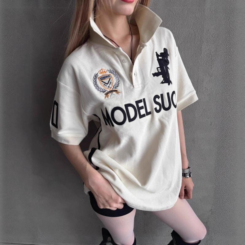 Letnia europejska i amerykańska moda uliczna, haft literowy, damska seksowna luźna koszulka z krótkim rękawem z kołnierzykiem POLO